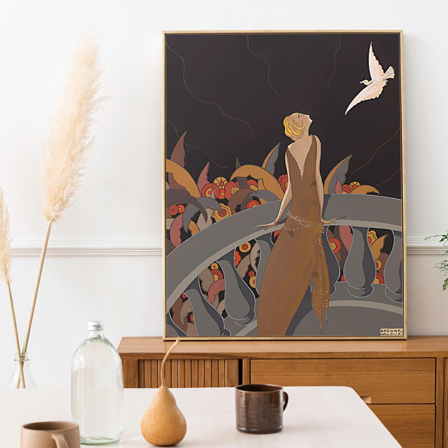 Nouveau Lady Print - Vintage Shabby Chic - Beige Print - Art Nouveau Poster - Lady and Bird