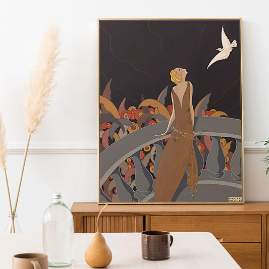 Nouveau Lady Print - Vintage Shabby Chic - Beige Print - Art Nouveau Poster - Lady and Bird