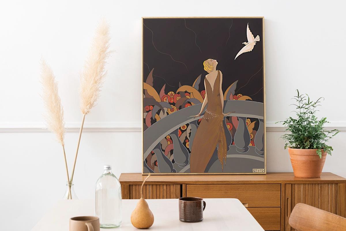 Nouveau Lady Print - Vintage Shabby Chic - Beige Print - Art Nouveau Poster - Lady and Bird