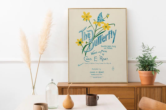 Vintage Butterfly Print Shabby Chic Poster Blue And Yellow For Elegant Home Decor by My Store