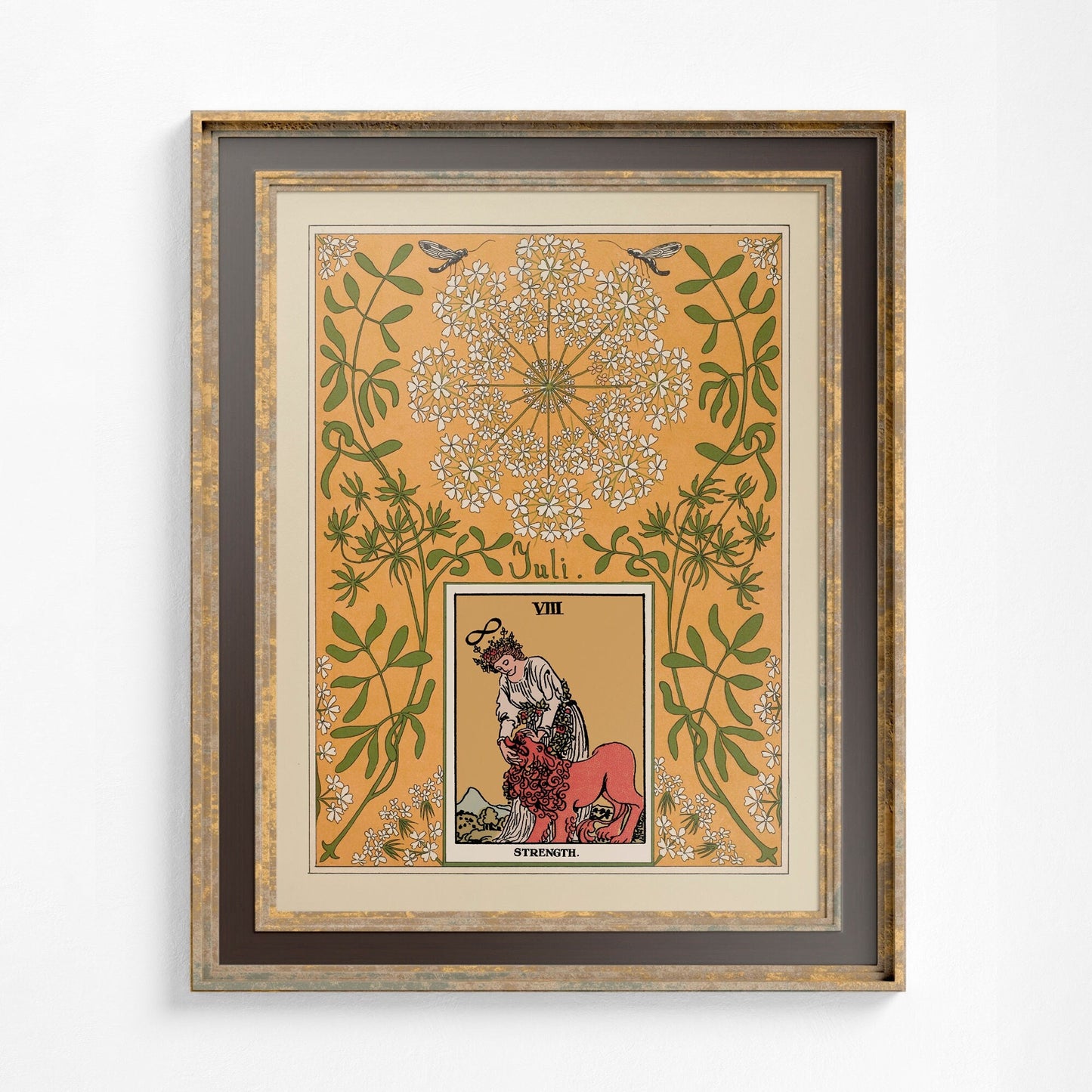 Nouveau Tarot Card Print - Strength - Orange and Green Vintage Shabby Chic - Tarot Poster - Nouveau Tarot Card Poster