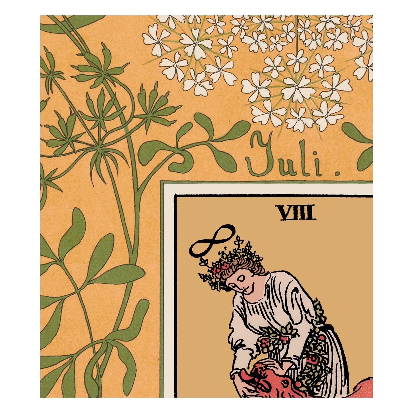 Nouveau Tarot Card Print - Strength - Orange and Green Vintage Shabby Chic - Tarot Poster - Nouveau Tarot Card Poster