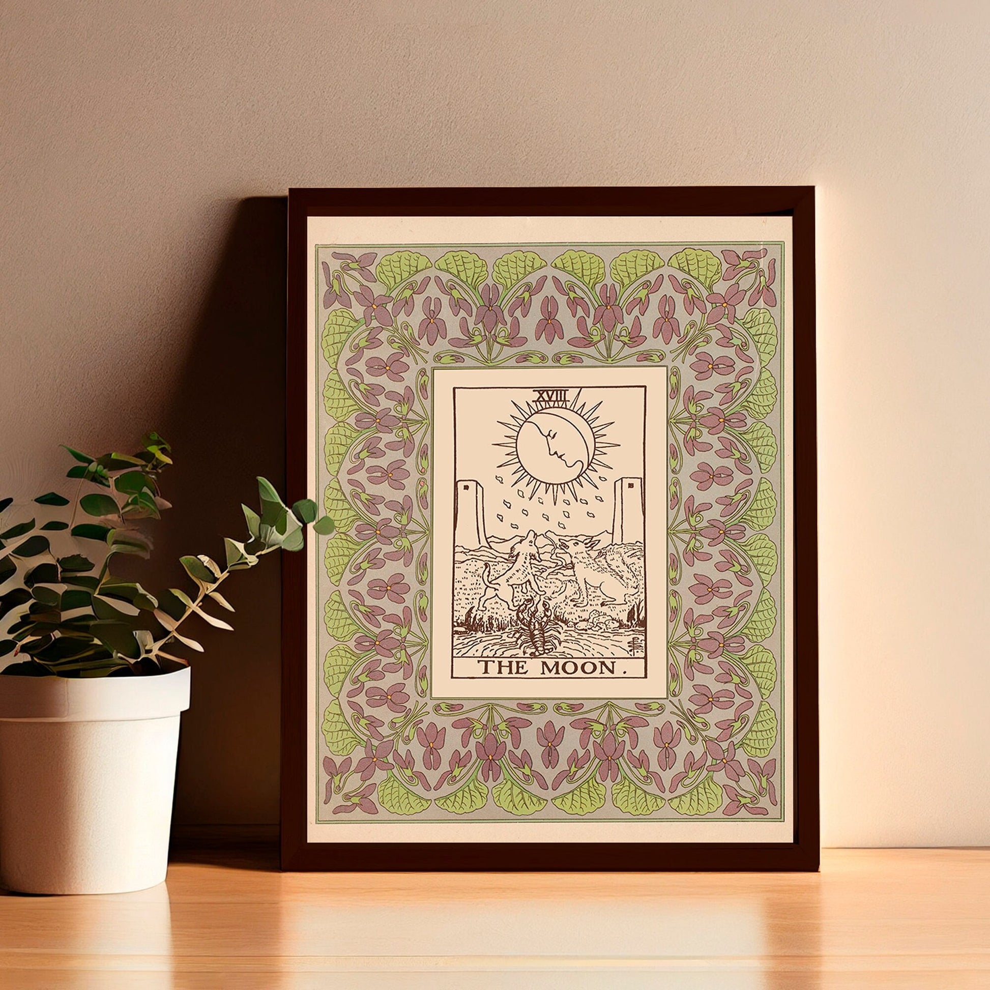 Nouveau Tarot - The Moon Tarot Print - Vintage Shabby Chic - Tarot Poster - Nouveau Tarot Card Poster - Green