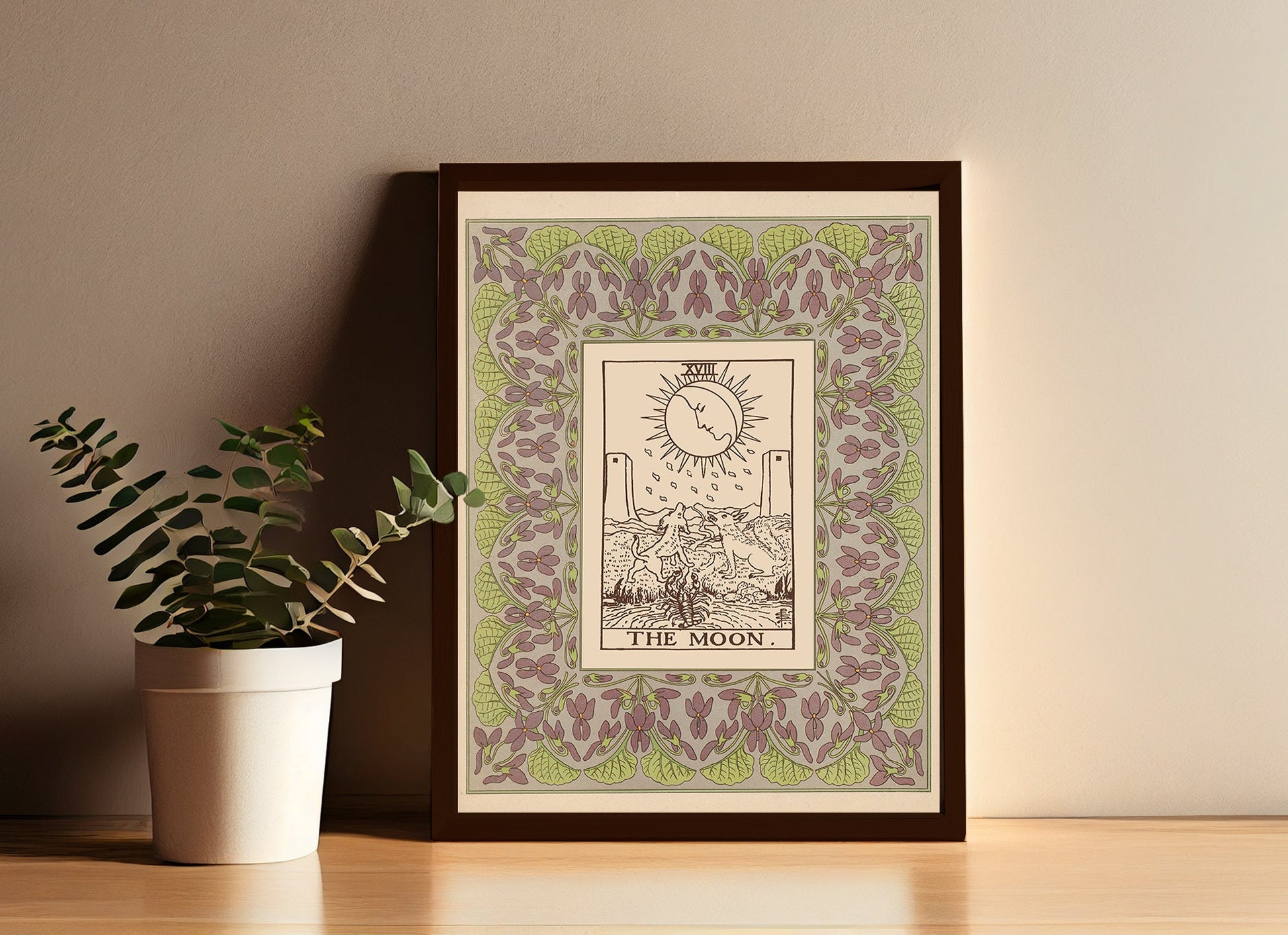 Nouveau Tarot - The Moon Tarot Print - Vintage Shabby Chic - Tarot Poster - Nouveau Tarot Card Poster - Green