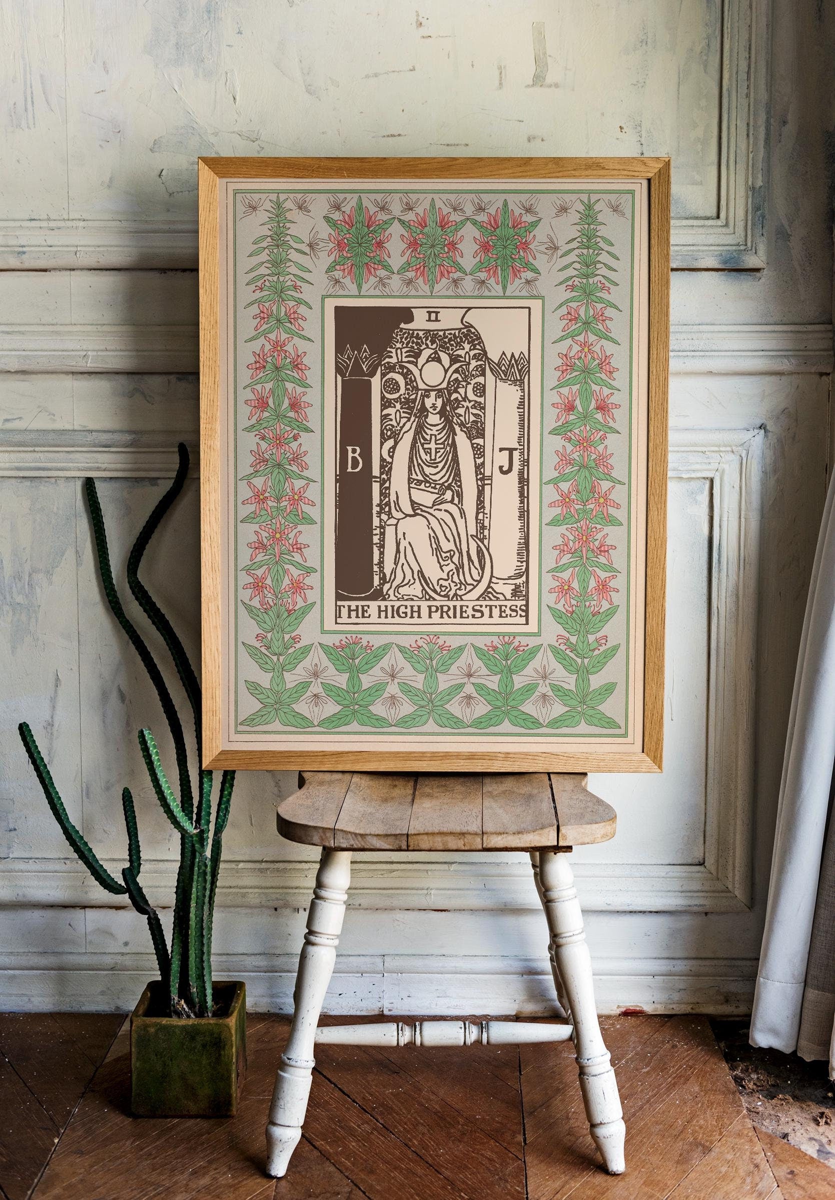 The High Priestess Print - Vintage Shabby Chic - Tarot Poster - Nouveau Tarot Card Poster - Green and Pink