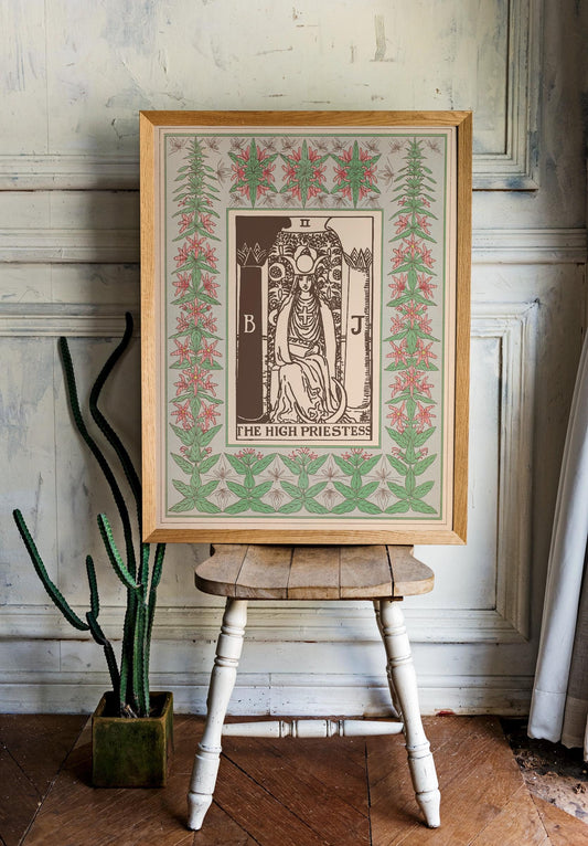 The High Priestess Print - Vintage Shabby Chic - Tarot Poster - Nouveau Tarot Card Poster - Green and Pink