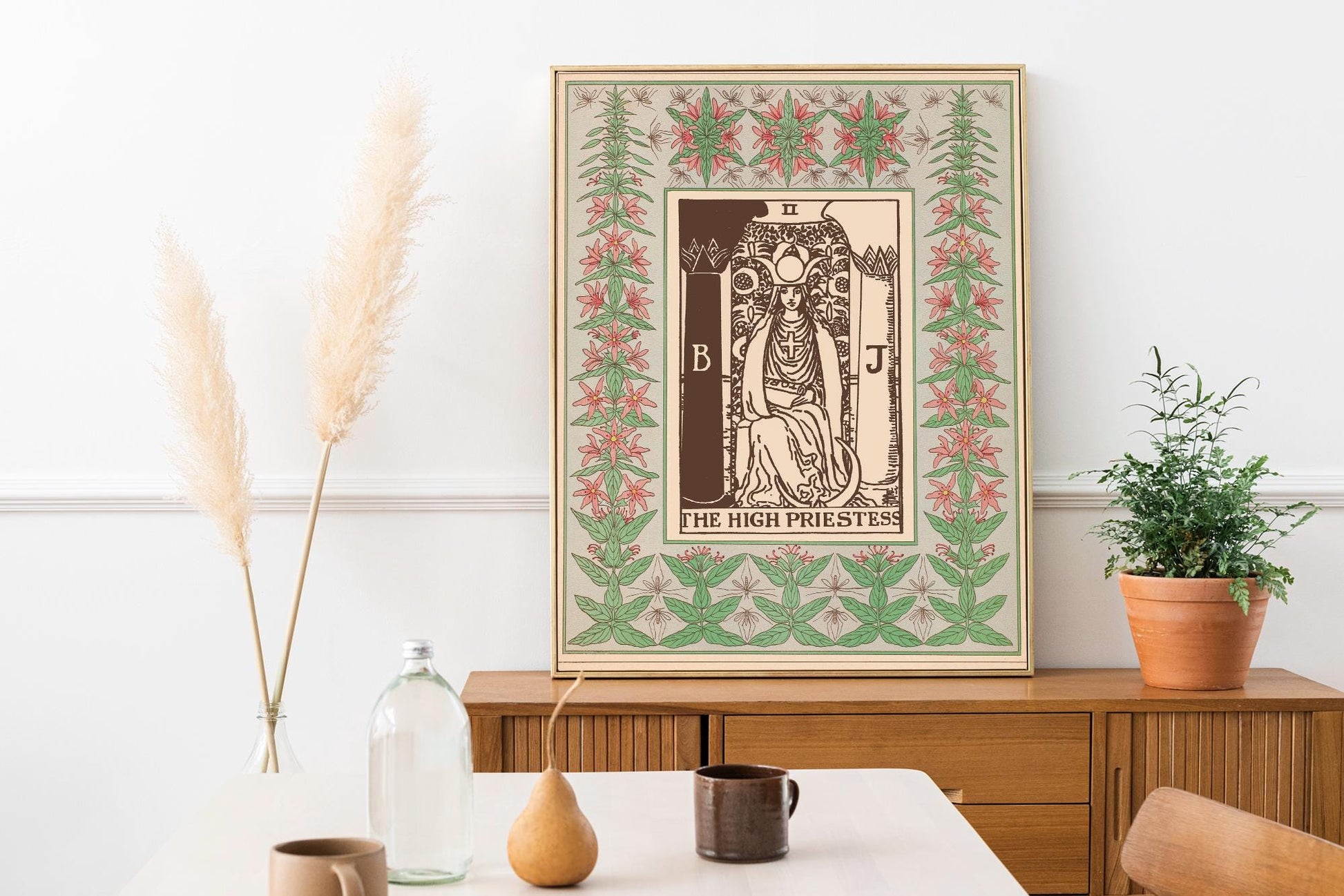 The High Priestess Print - Vintage Shabby Chic - Tarot Poster - Nouveau Tarot Card Poster - Green and Pink