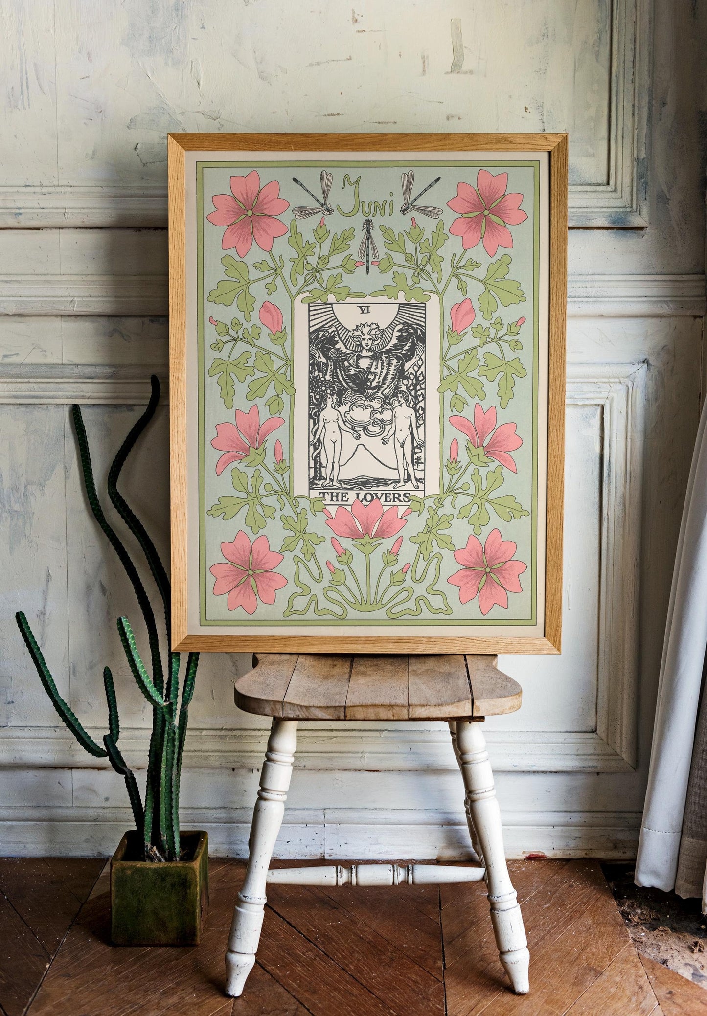 The Lovers Print - Vintage Shabby Chic - Tarot Poster - Nouveau Tarot Card Poster - Pink and Green