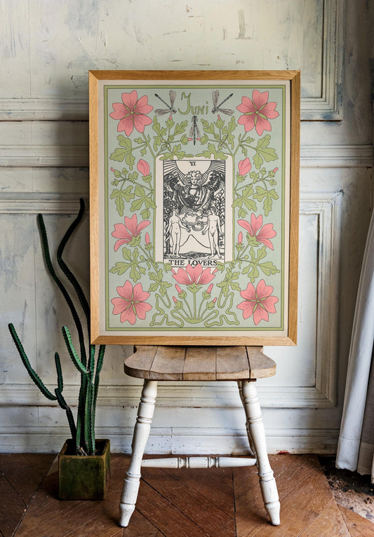 The Lovers Print - Vintage Shabby Chic - Tarot Poster - Nouveau Tarot Card Poster - Pink and Green
