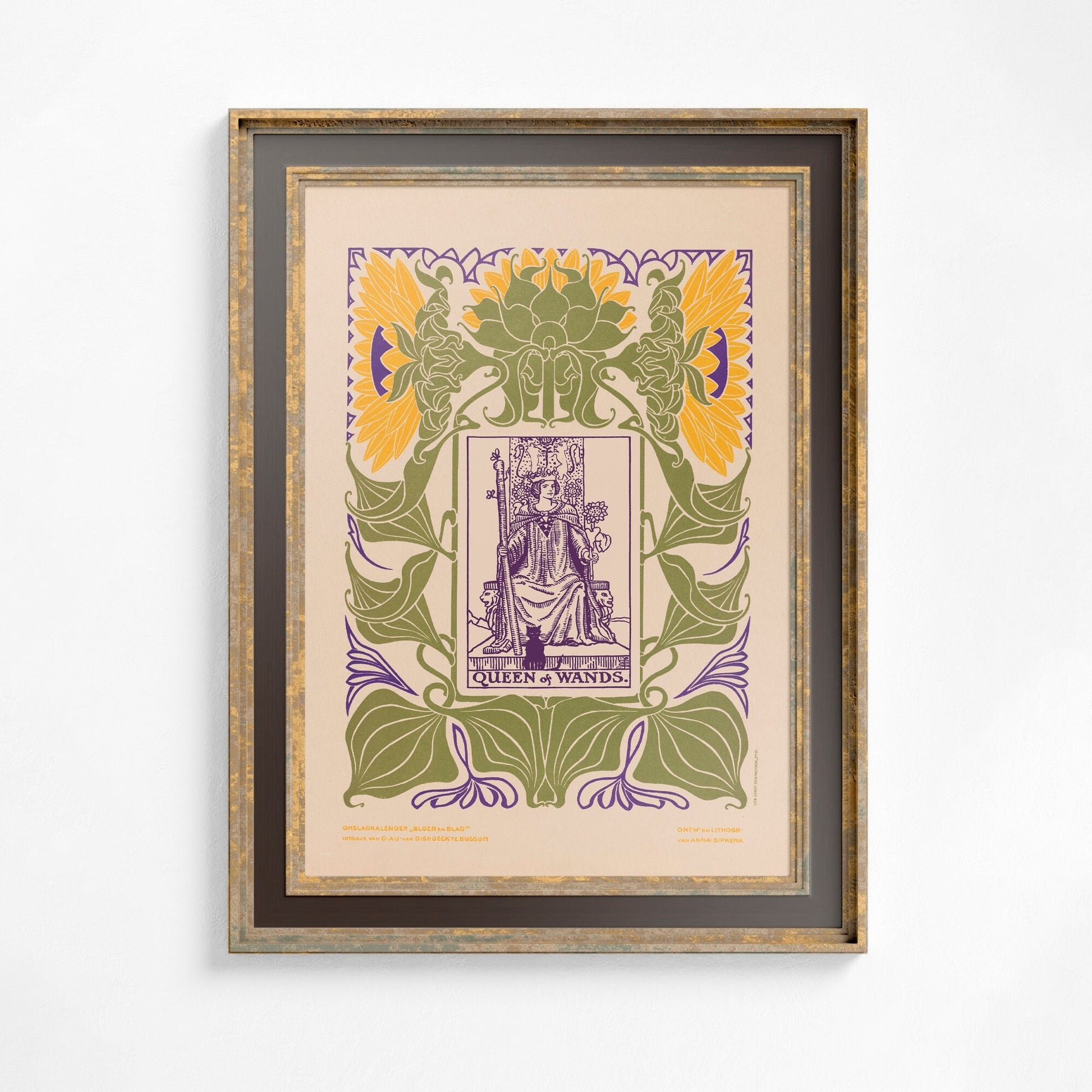 The Queen of Wands Print - Vintage Shabby Chic - Tarot Poster - Nouveau Tarot Card Poster - Green