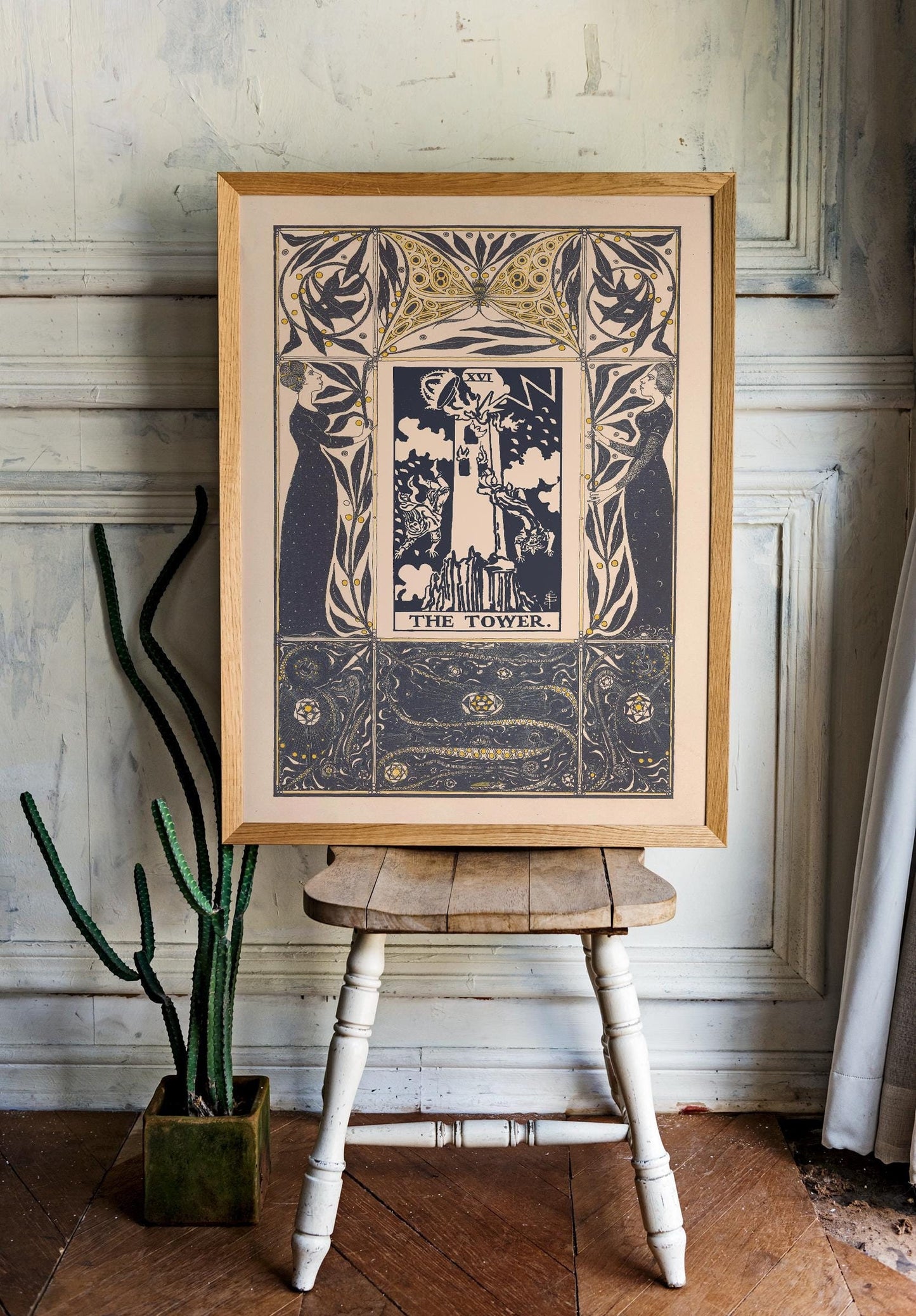 The Tower Print - Vintage Shabby Chic - Tarot Poster - Nouveau Tarot Card Poster - Beige and Blue
