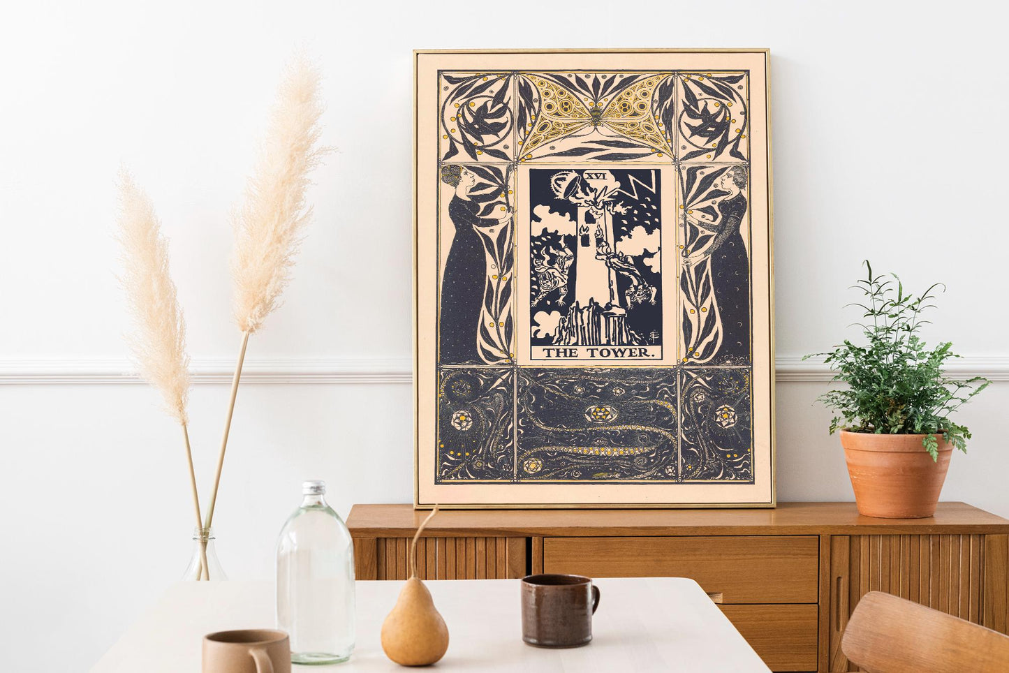 The Tower Print - Vintage Shabby Chic - Tarot Poster - Nouveau Tarot Card Poster - Beige and Blue