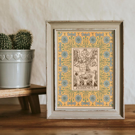 Vintage Judgement Print Shabby Chic Tarot Poster With Yellow And Blue Floral Accents by My Store