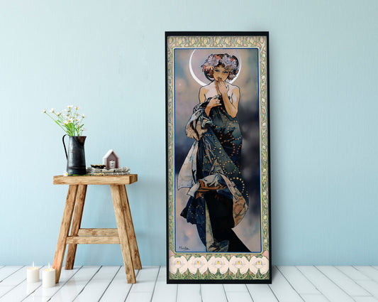 Mucha Moon Print - Art Nouveau Poster Bohemian Print Large Artwork - Floral - Long Poster - alphones mucha