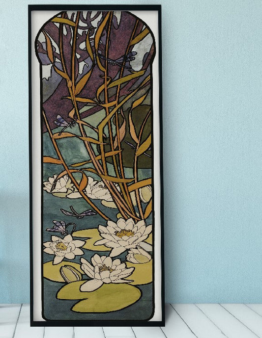 Mucha Inspired Art Nouveau Floral Long Poster Artwork With Lotus Flower Design Edition by My Store