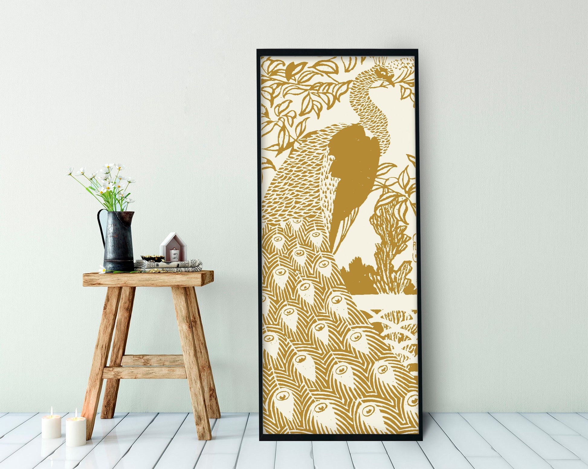 Peacock Print Poster - Art Nouveau Poster - Bohemian Bird - Print Large Artwork - Mustard Yellow - Peacock Art Nouveau - Long Poster