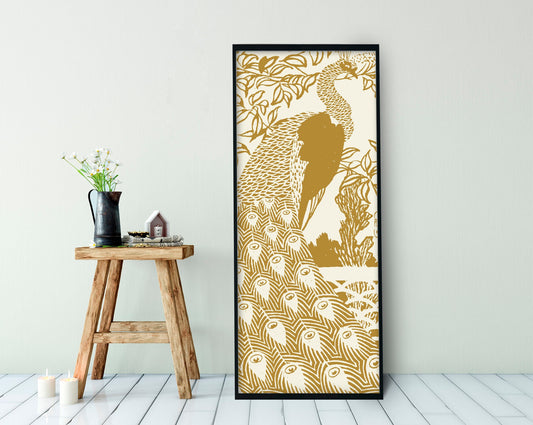Peacock Print Poster - Art Nouveau Poster - Bohemian Bird - Print Large Artwork - Mustard Yellow - Peacock Art Nouveau - Long Poster