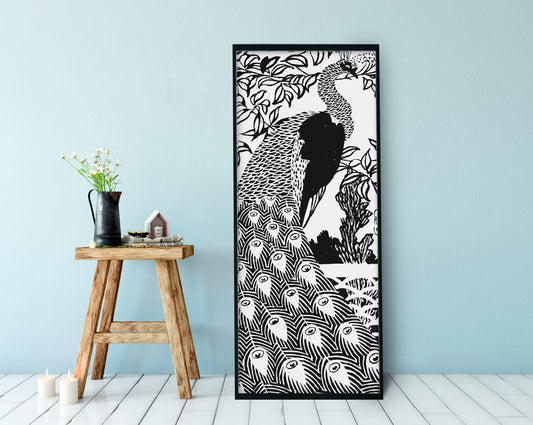 Peacock Print Poster - Art Nouveau Poster - Bohemian Bird - Print Large Artwork - Black Peacock Art Nouveau - Long Poster