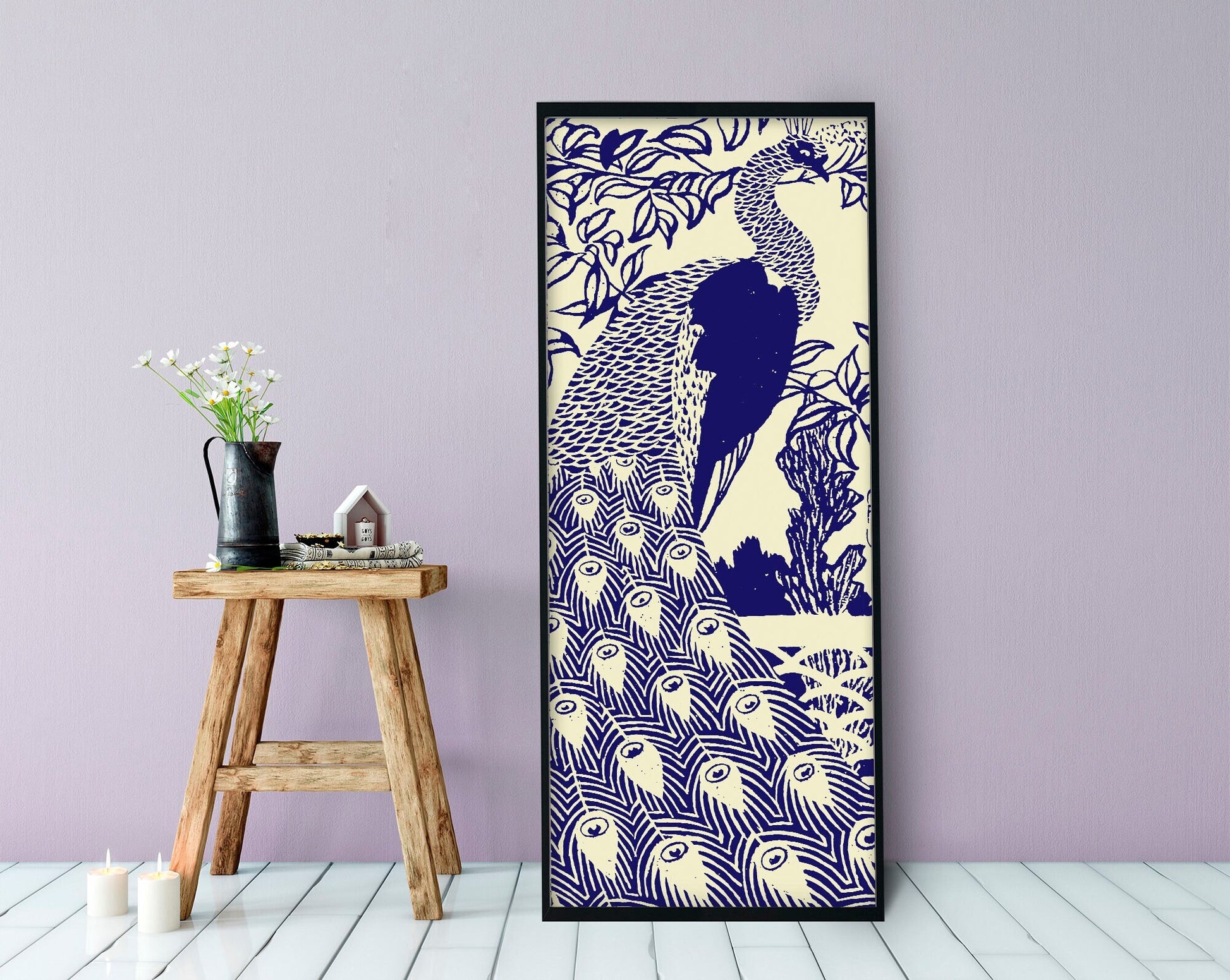 Peacock Print Poster - Art Nouveau Poster - Bohemian Bird - Print Large Artwork - Blue Peacock Art Nouveau - Long Poster