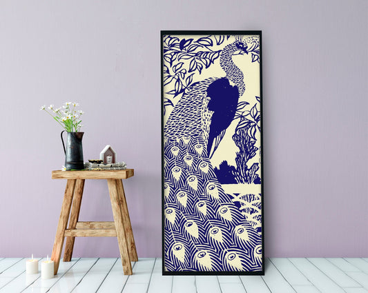 Peacock Print Poster - Art Nouveau Poster - Bohemian Bird - Print Large Artwork - Blue Peacock Art Nouveau - Long Poster