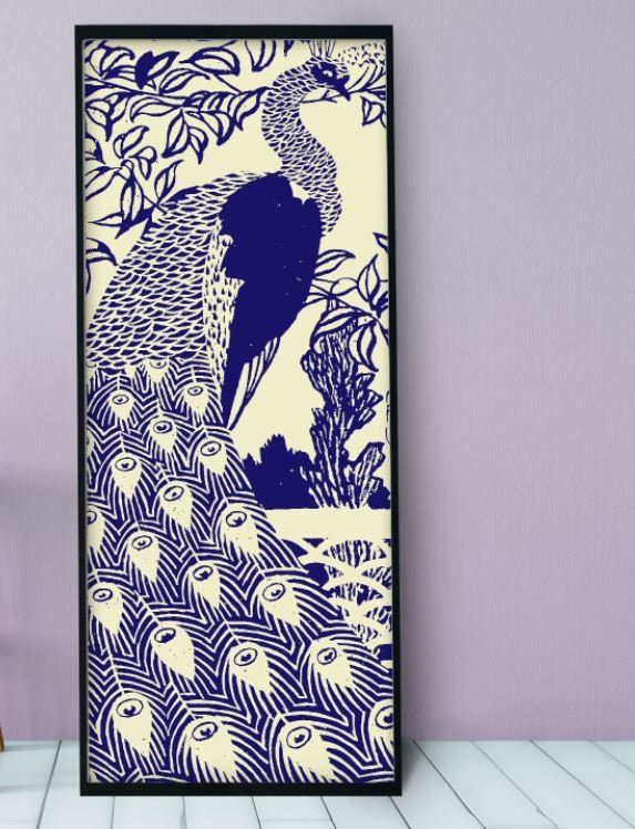 Peacock Print Poster - Art Nouveau Poster - Bohemian Bird - Print Large Artwork - Blue Peacock Art Nouveau - Long Poster