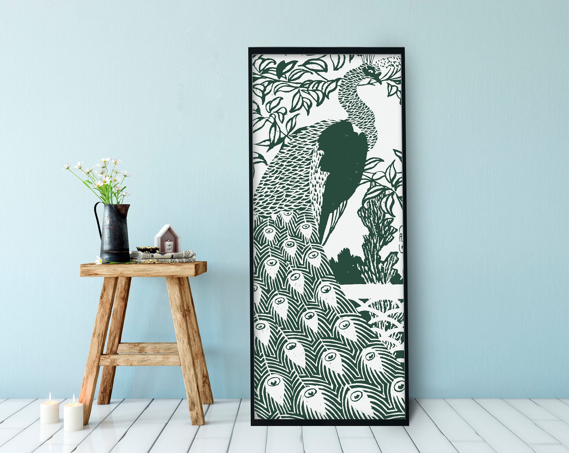 Peacock Print Poster - Art Nouveau Poster - Bohemian Bird - Print Large Artwork - Green Peacock Art Nouveau - Long Poster