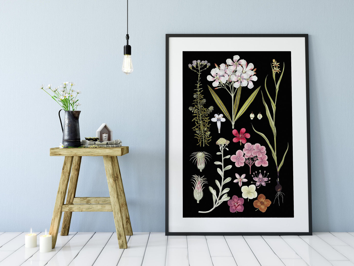 Floral Vintage Illustration - Black Botanical Print - Black Floral