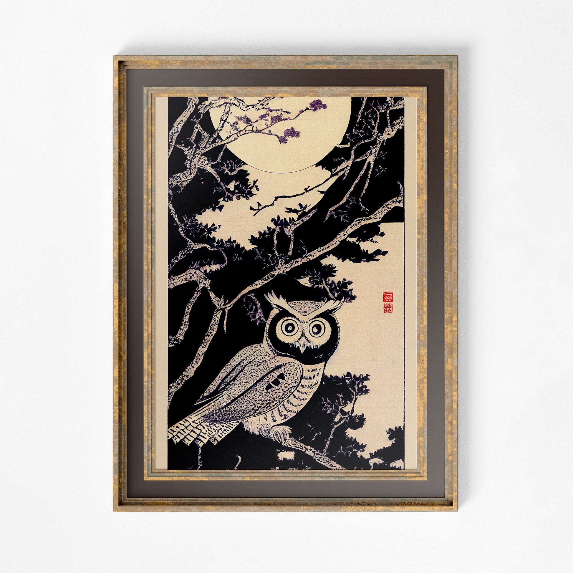 Owl Vintage Illustration - Japanese Antique Print - Black and Beige