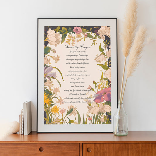 Serenity Prayer Print - Inspirational - Floral Art Print - Sobriety Gift