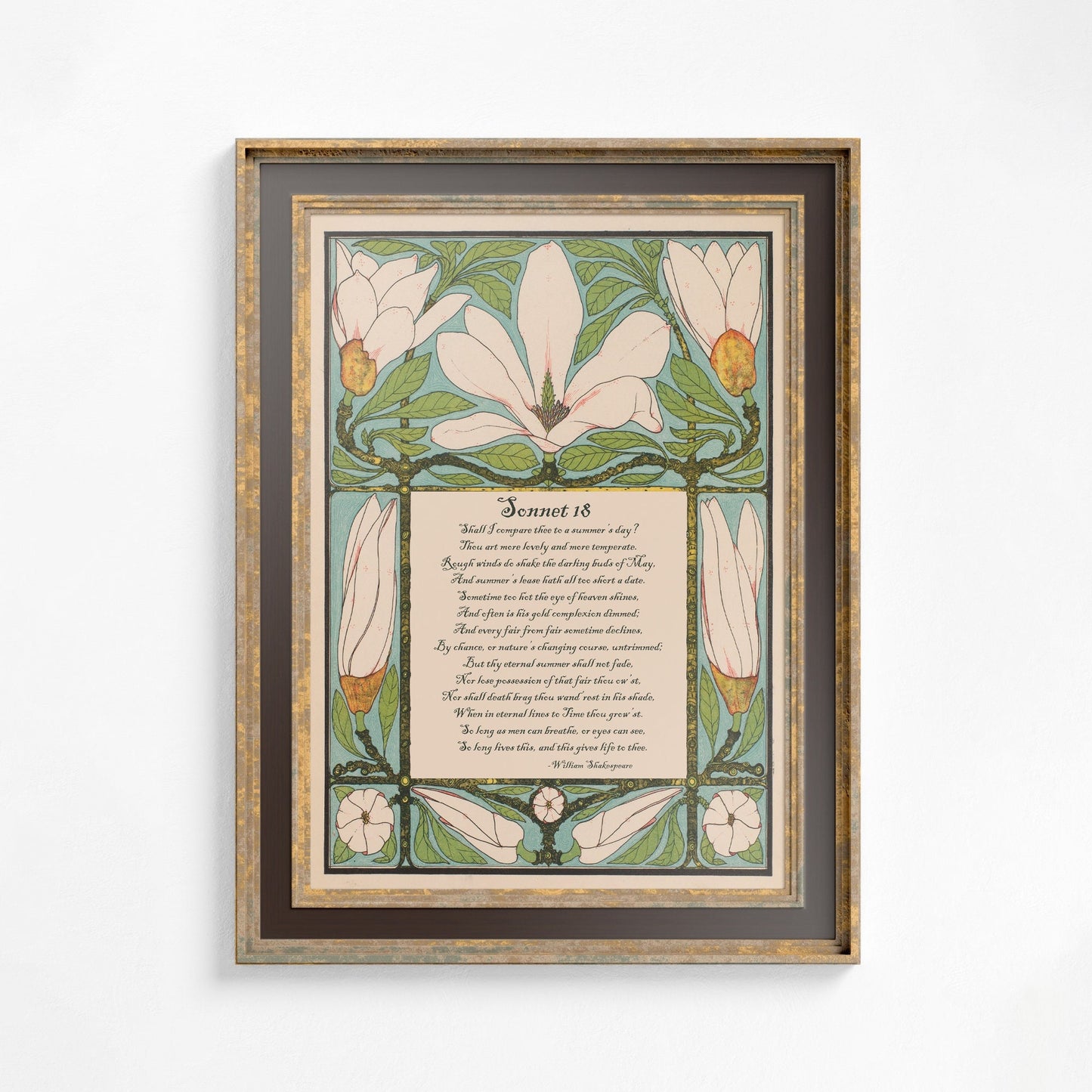 Shakespeare Poem - Sonnet 18 - Anniversary Gift - Quote Bohemian Art - Poem Print - Love Poem - Green and Beige - Customizable