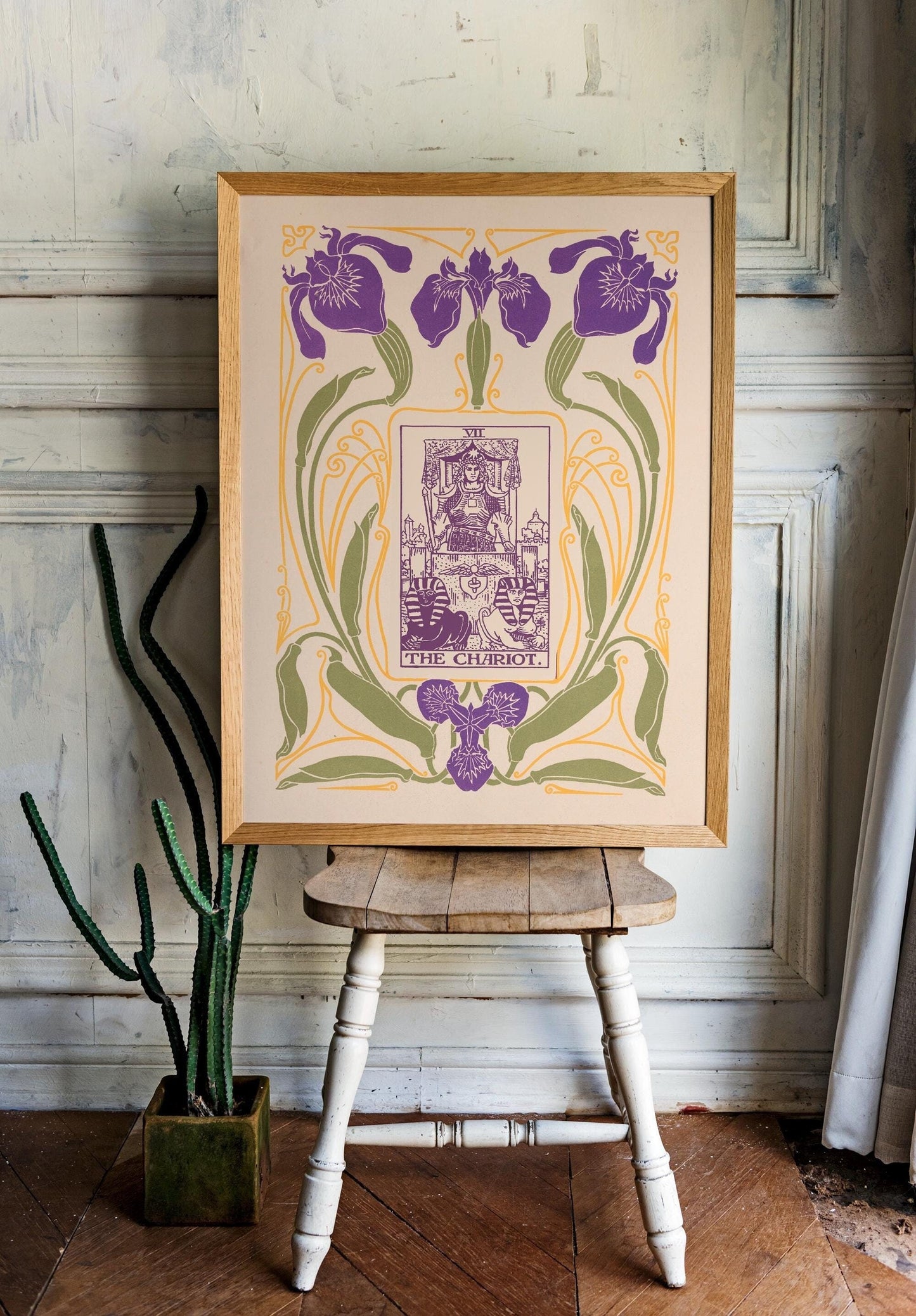The Chariot Card Print - Floral Nouveau Tarot - Unique Tarot Print - Vintage Tarot Art - Purple and Green
