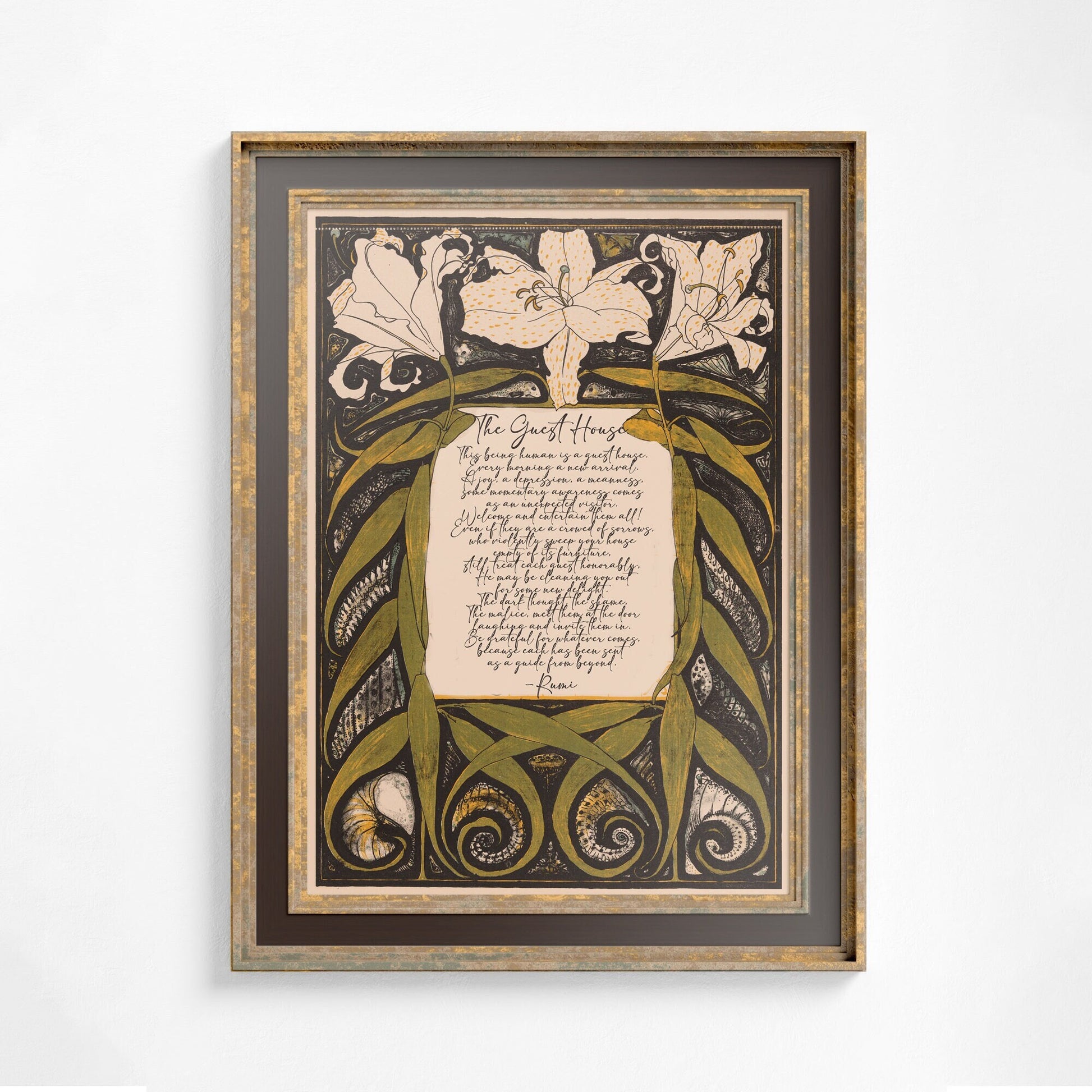 The Guest House - Rumi Poem Poster - Quote Bohemian Art - Print Poster With Design - Love Poem - Green and Beige - Customizable