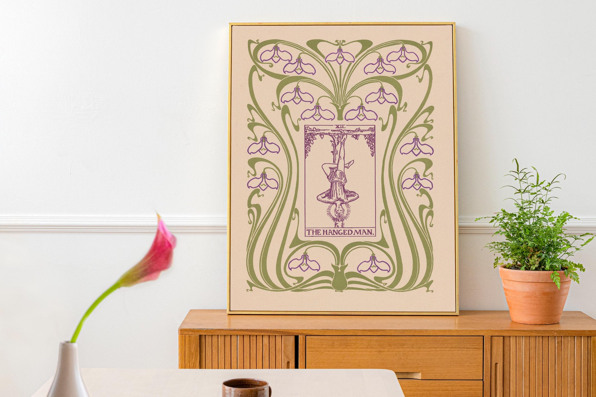 The Hanged Man Card Print - Floral Nouveau Tarot - Unique Tarot Print - Vintage Tarot Art - Purple and Green