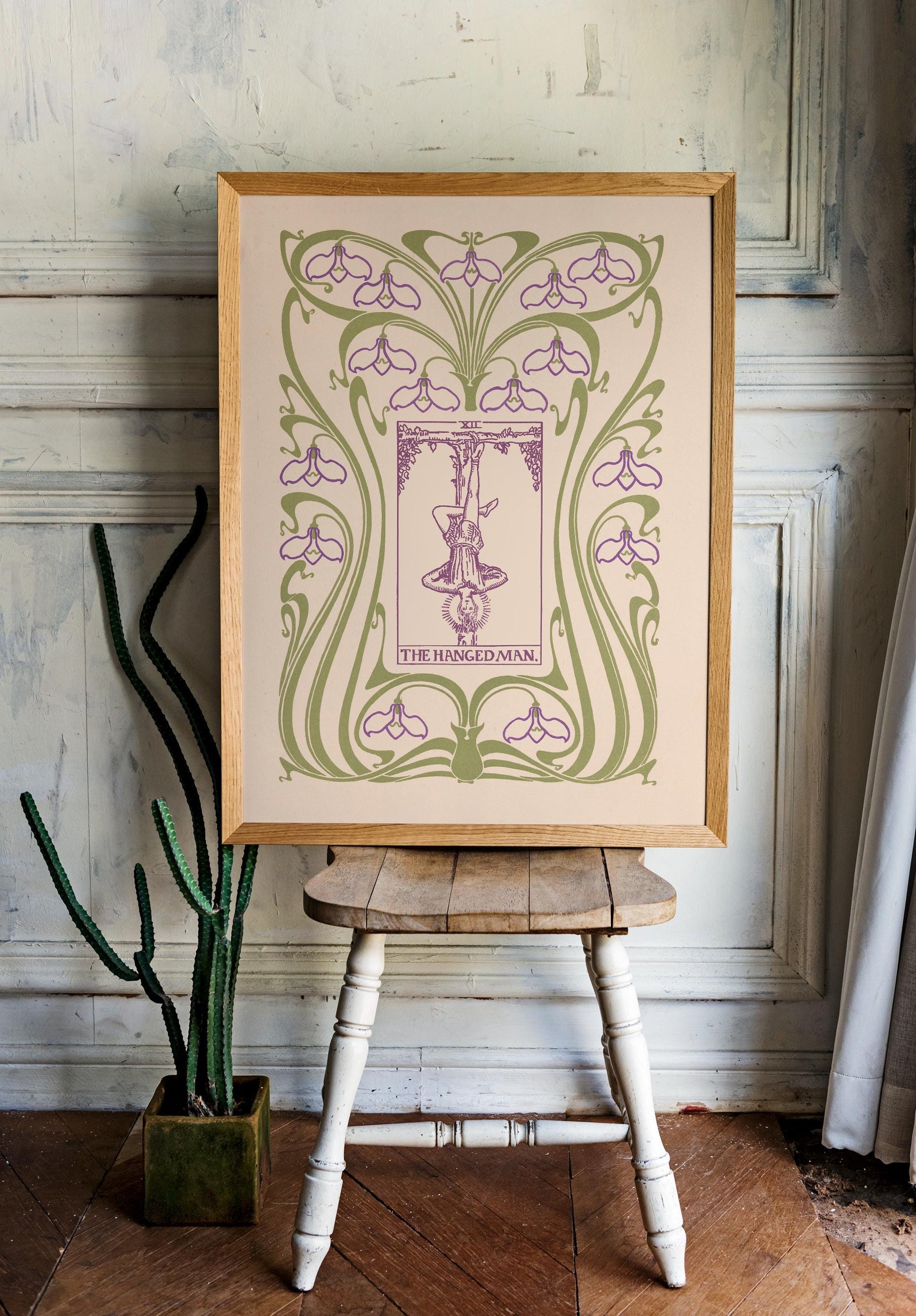 The Hanged Man Card Print - Floral Nouveau Tarot - Unique Tarot Print - Vintage Tarot Art - Purple and Green