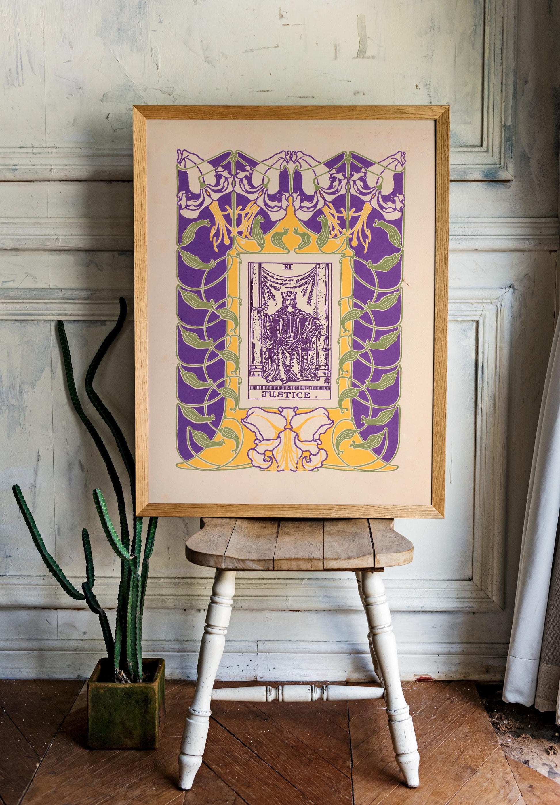 The Justice Card Print - Floral Nouveau Tarot - Unique Tarot Print - Vintage Tarot Art - Purple and Green