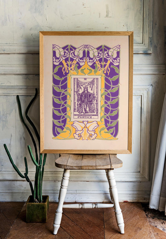 The Justice Card Print - Floral Nouveau Tarot - Unique Tarot Print - Vintage Tarot Art - Purple and Green
