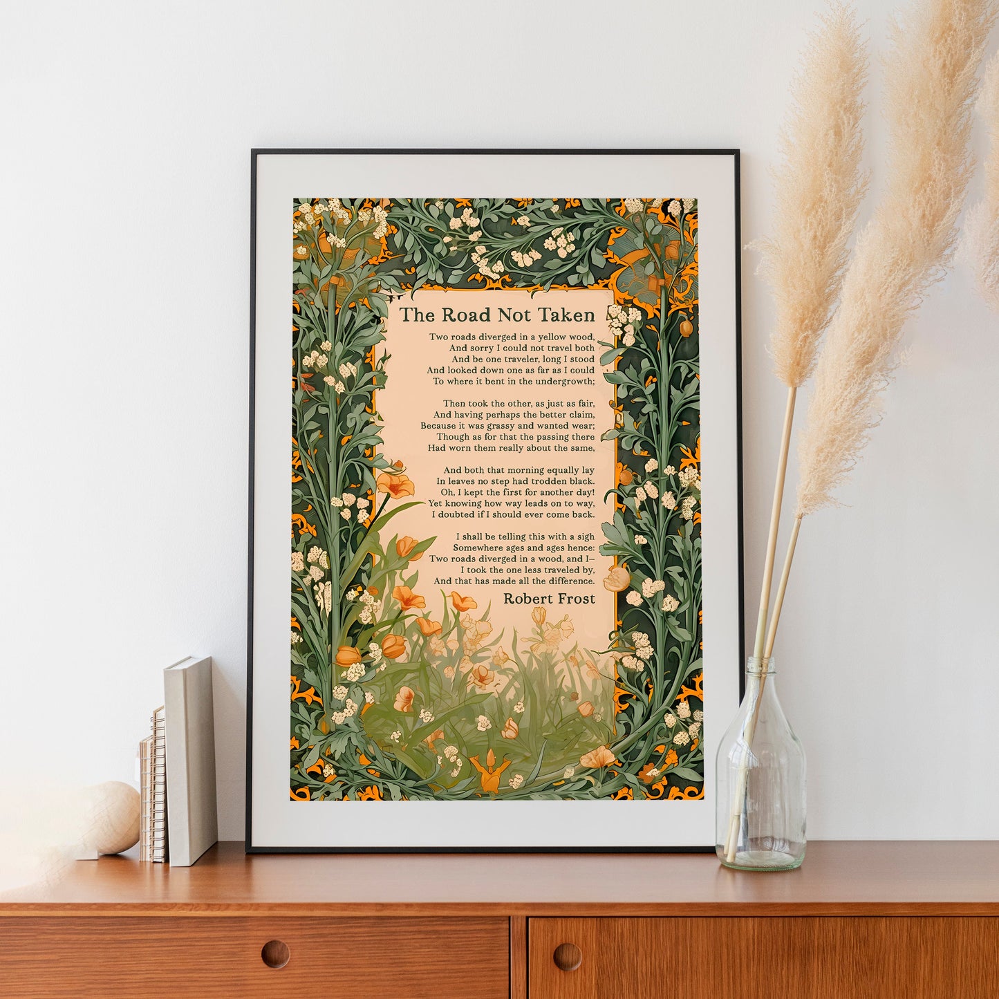 The Road Not Taken Print - Inspirational - Floral Art Print - Robert Frost Poem