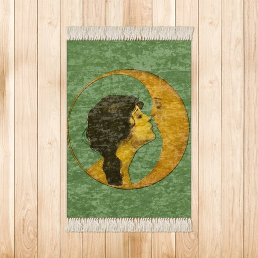 Nouveau Rug - Woman Kissing Moon - Marbled Velvet Rug - With Fringe or Without