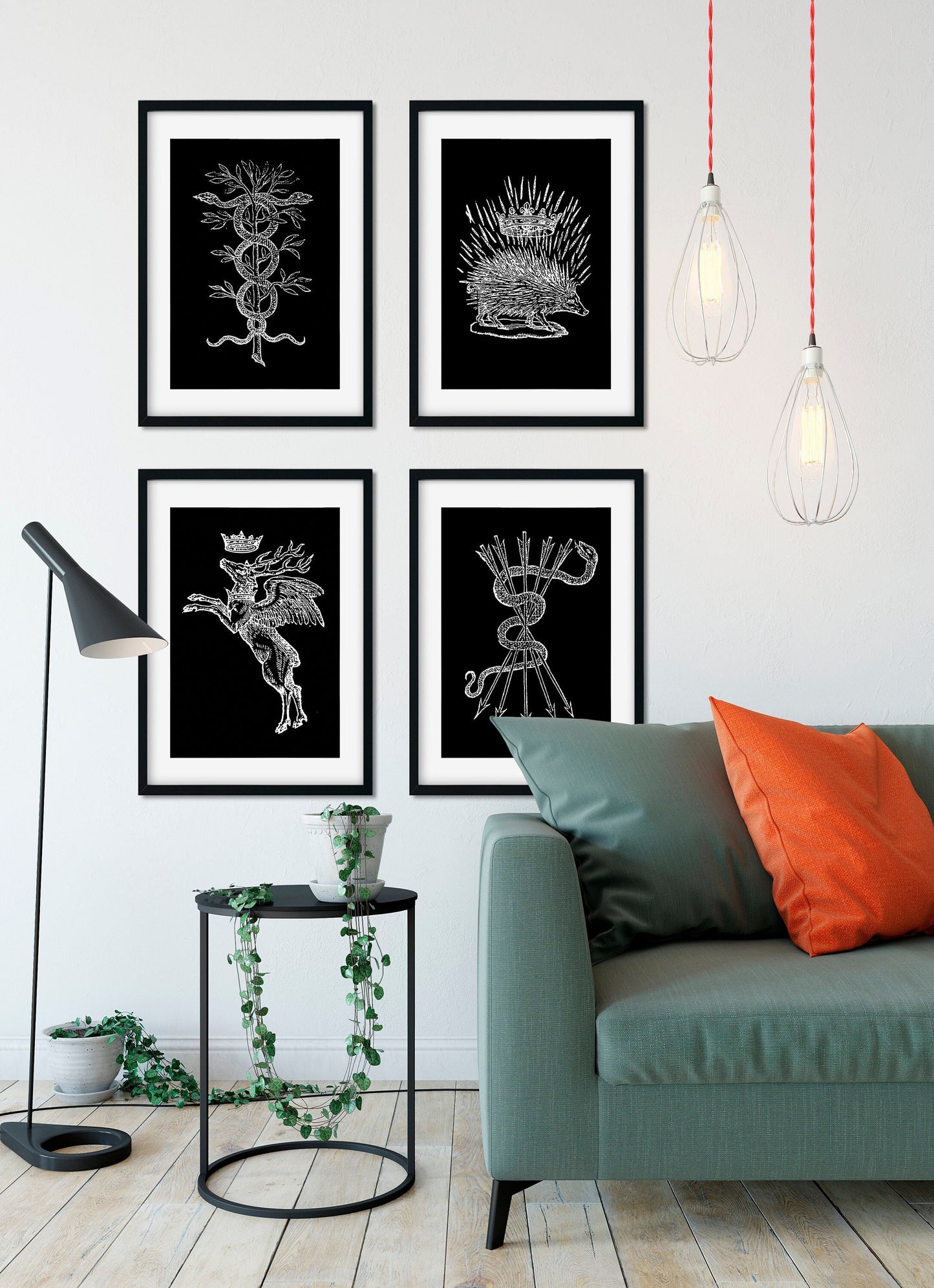 Four Minimalist French Emblems Caduceus (Medicine Symbol), Porcupine and Deer with Crown - by Claude Paradin - Devises heroïques (1557)