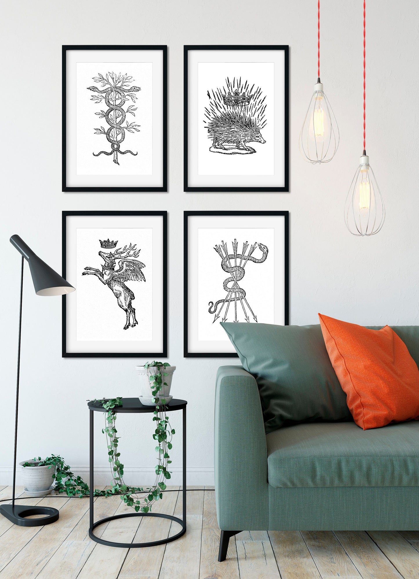 Four Minimalist French Emblems Caduceus (Medicine Symbol), Porcupine and Deer with Crown - by Claude Paradin - Devises heroïques (1557)