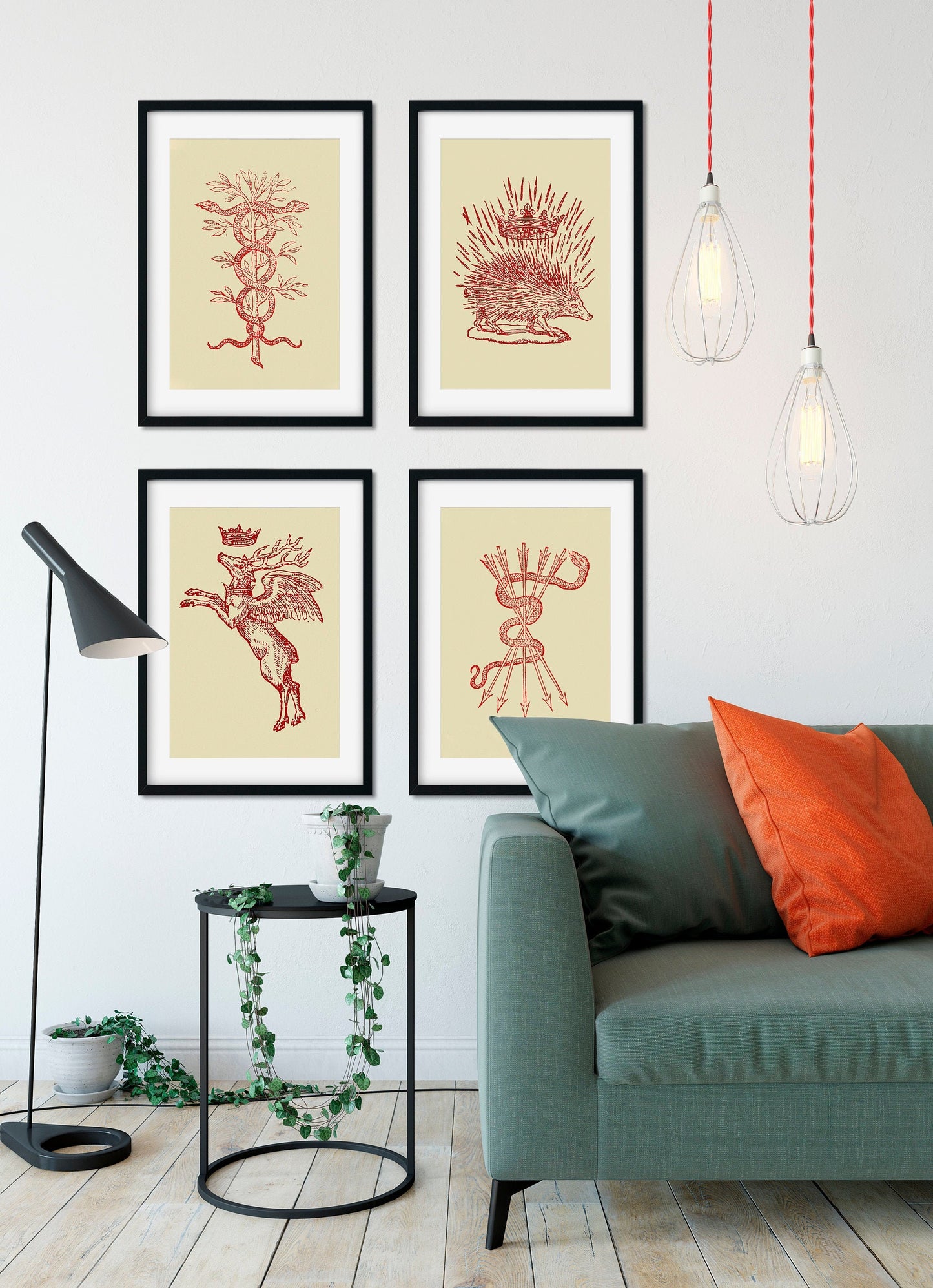 Four Minimalist French Emblems Caduceus (Medicine Symbol), Porcupine and Deer with Crown - by Claude Paradin - Devises heroïques (1557)