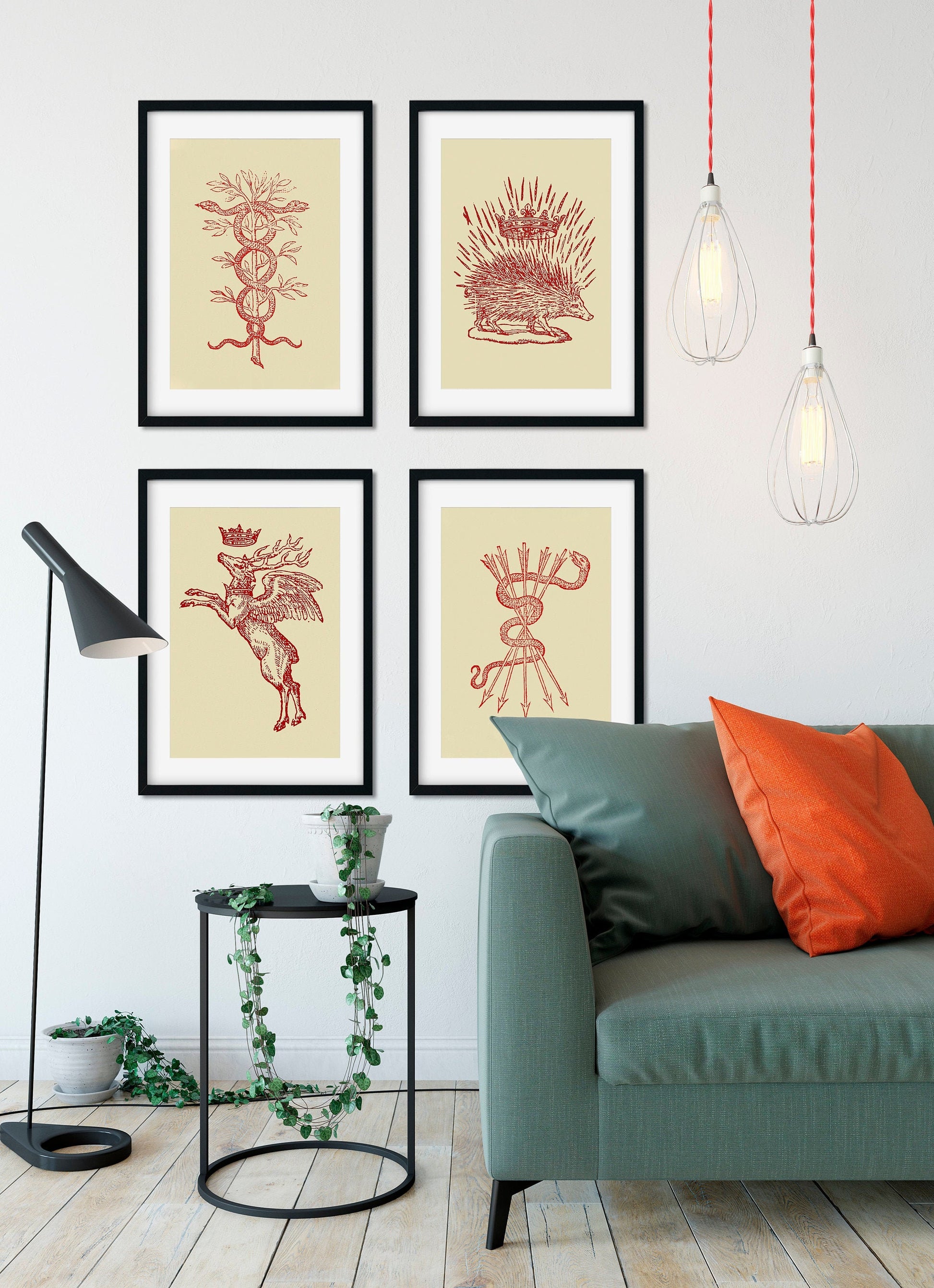 Four Minimalist French Emblems Caduceus (Medicine Symbol), Porcupine and Deer with Crown - by Claude Paradin - Devises heroïques (1557)