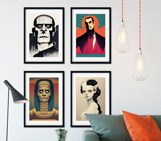 Classic Monsters Pop Art Prints Dracula, Frankenstein, The Mummy, and the Bride of Frankenstein Posters Halloween Prints (No Frame)