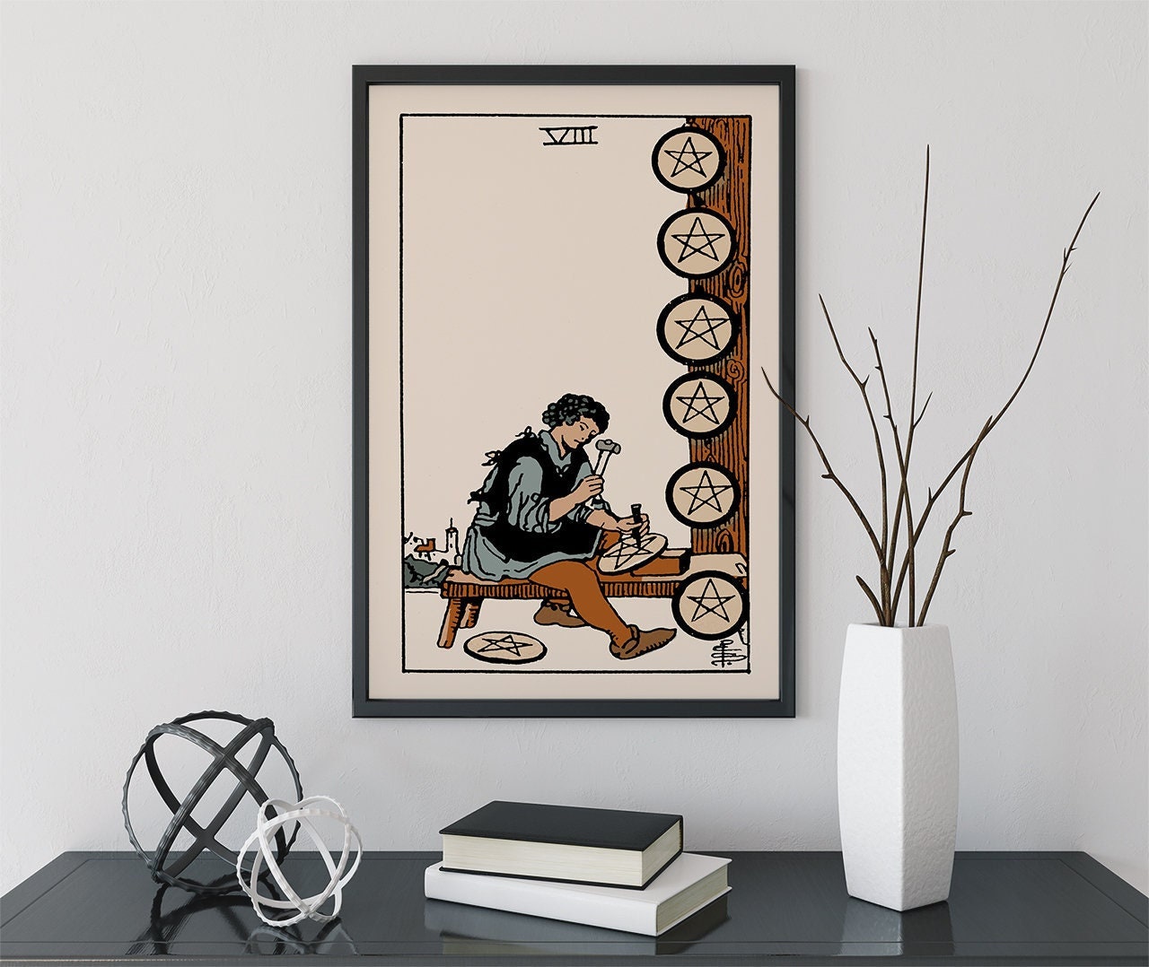 Eight of Pentacles - Tarot Card Print - The 8 of Pentacles Neutral Vibes Card Poster, No Frame