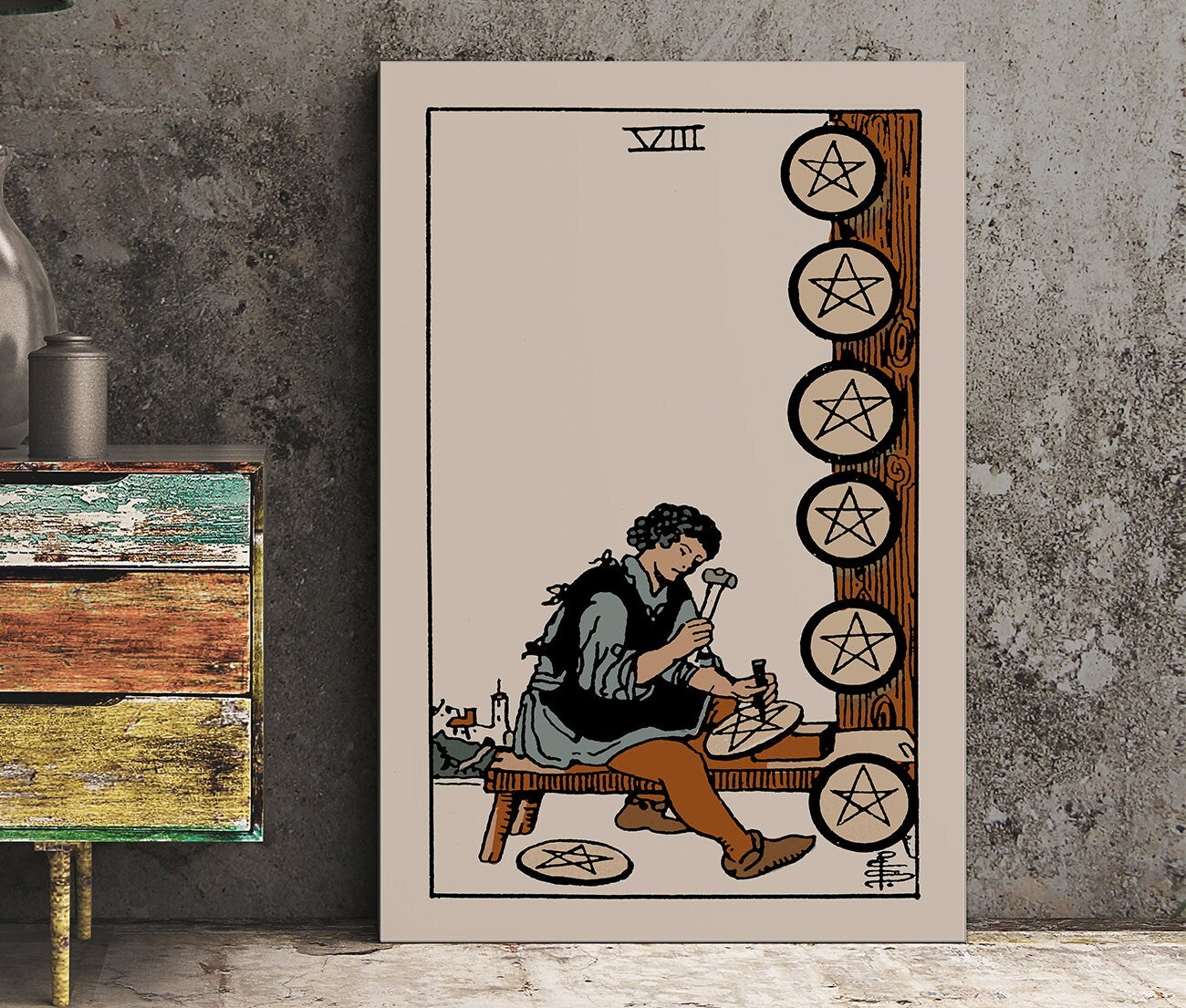 Eight of Pentacles - Tarot Card Print - The 8 of Pentacles Neutral Vibes Card Poster, No Frame