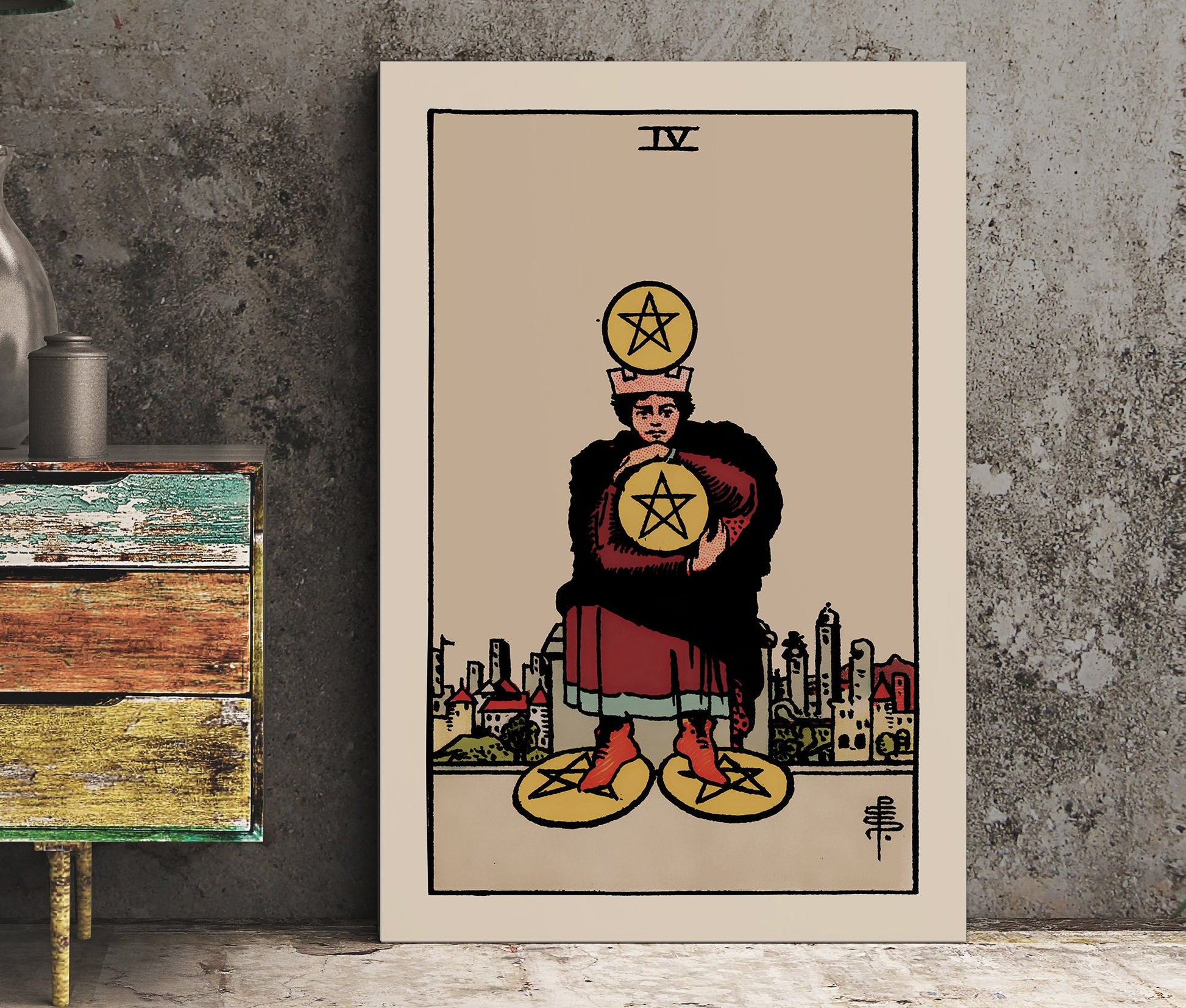 Four of Pentacles- Tarot Card Print - The Four of Pentacles Card Poster, No Frame