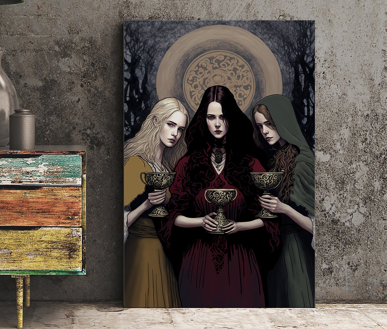 Hecate Moon Goddess Poster - Painted - Wiccan Triple Goddess Print - Hekate Witchy Painted Print, No Frame