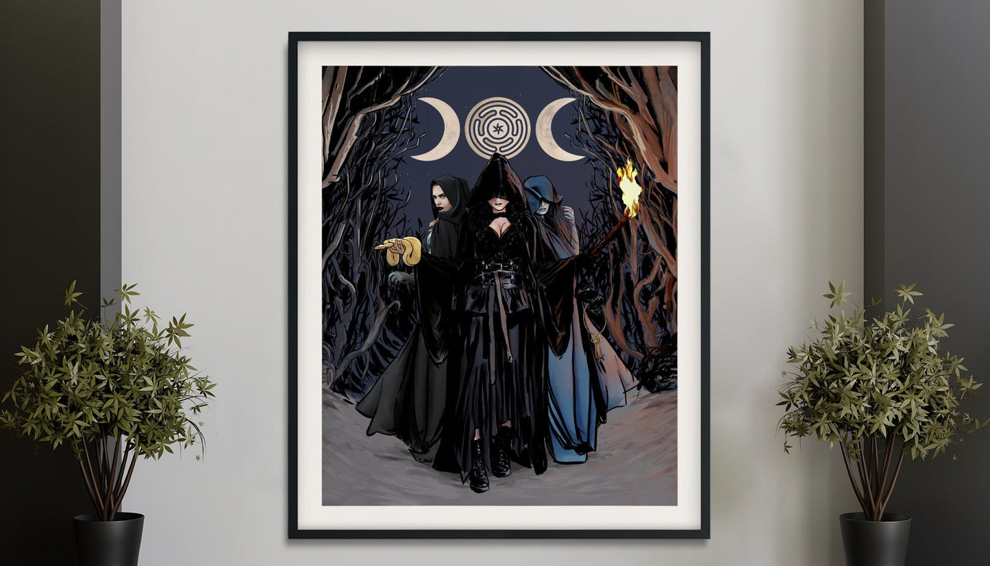 Hecate Moon Goddess Poster - Painted - Wiccan Triple Goddess Tapestry - Hekate Witchy Painted Print, No Frame