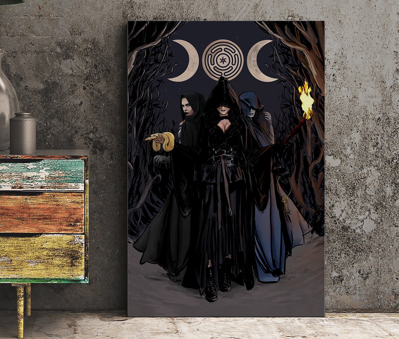 Hecate Moon Goddess Poster - Painted - Wiccan Triple Goddess Tapestry - Hekate Witchy Painted Print, No Frame