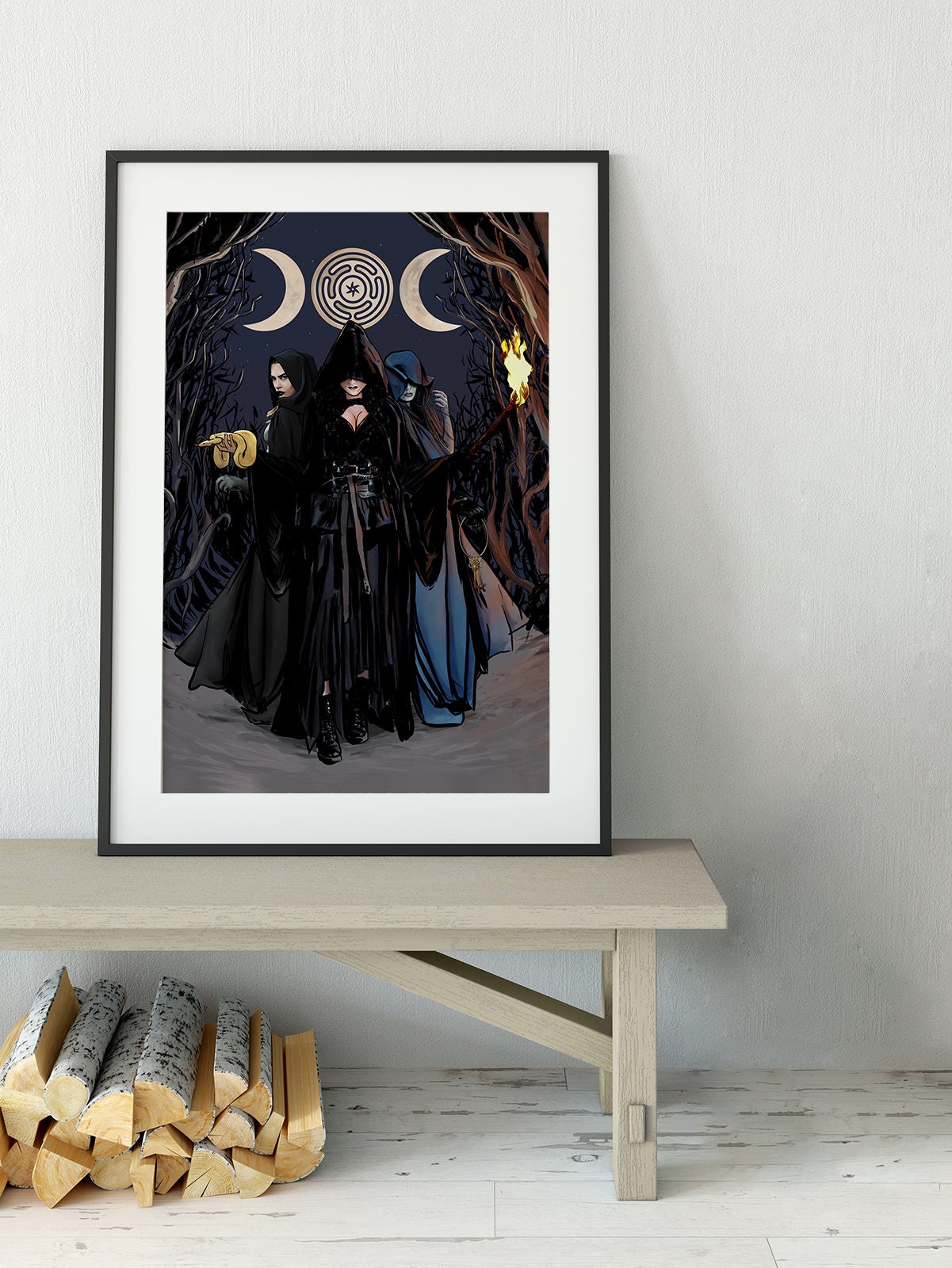 Hecate Moon Goddess Poster - Painted - Wiccan Triple Goddess Tapestry - Hekate Witchy Painted Print, No Frame